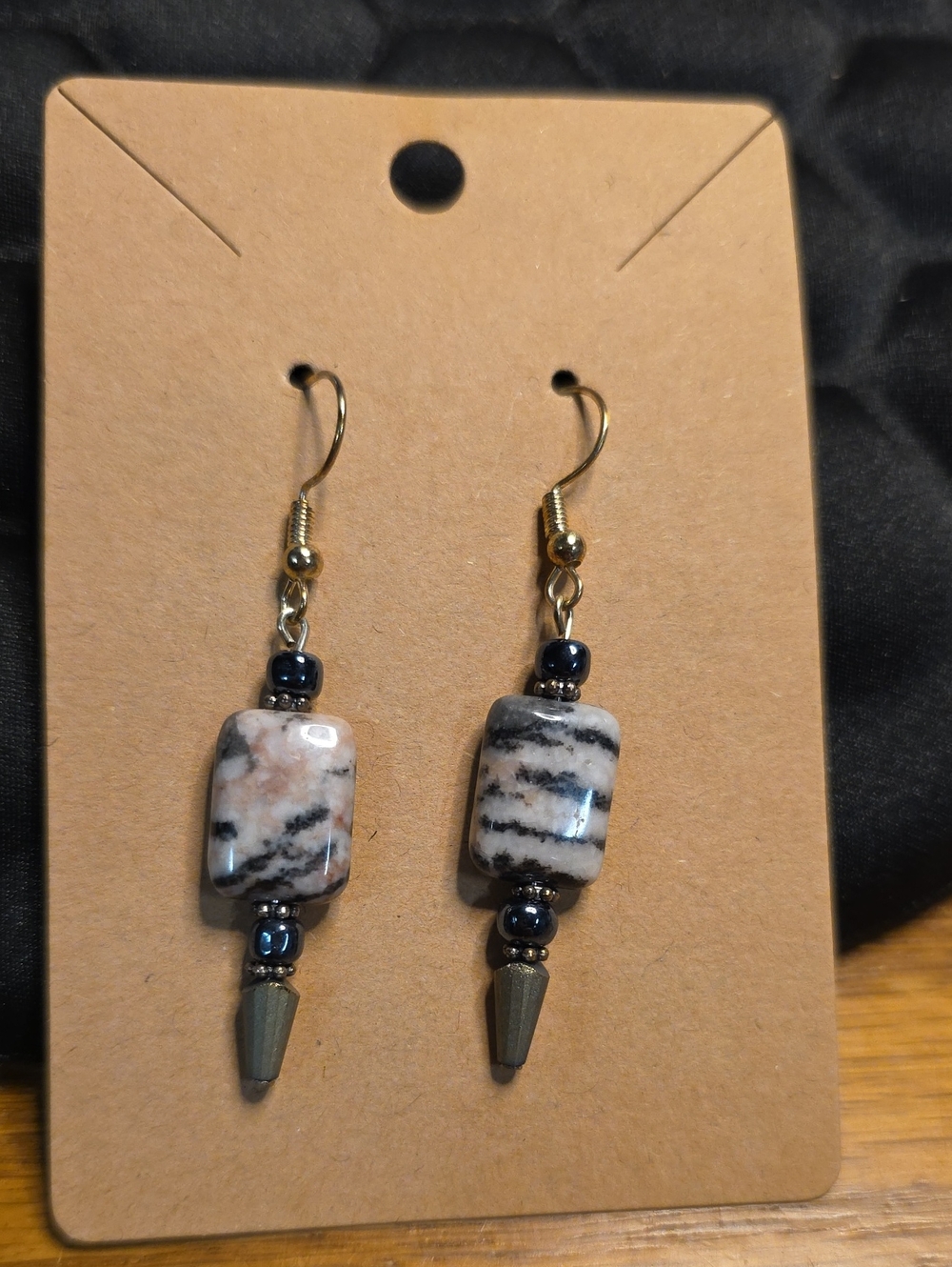Handcrafted Black & Pink Zerba Stone Dangle Earrings